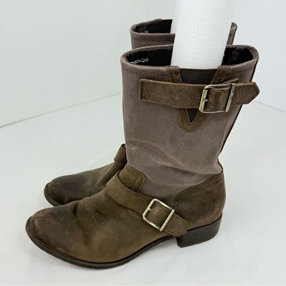 Hush Puppies Lola Brown Leather Canvas Buckle Side Zip Entry Mid Calf Boots - Picture 4 of 16